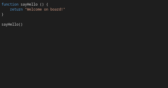 Example code of a javascript function returning 'Welcome on board'